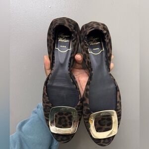 Roger Vivier Chips Ballerinas Shoe Flats Leopard D'orsay Black Brown 39.5 US 9.5